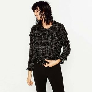 Zara Tweed Plaid Fringe Crop Blouse Top